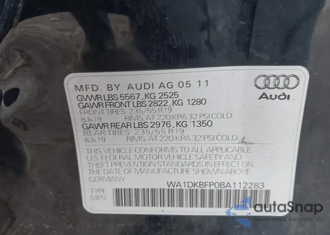 2011 Audi Q5 3.2 Premium Plus из США, поврежденный, VIN WA1DKBFP0BA112283